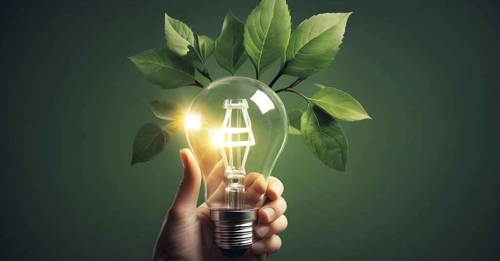 A hand holding a glowing lightbulb with green leaves growing out of the top against a dark green background, representing renewable energy innovation.