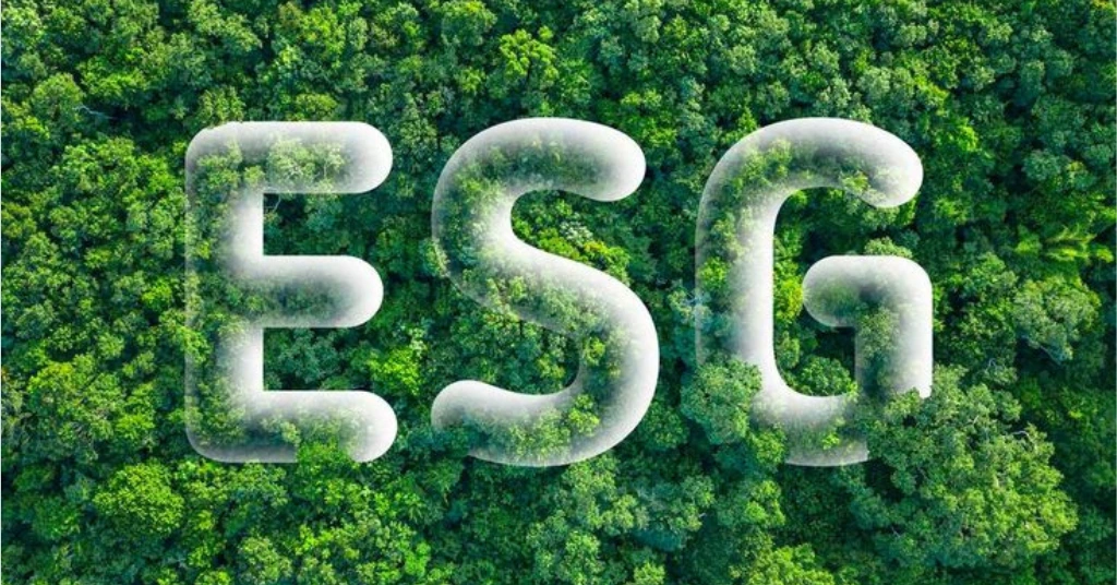 Aerial view of a lush green forest with the letters ESG appearing in a transparent 3D font over the trees.