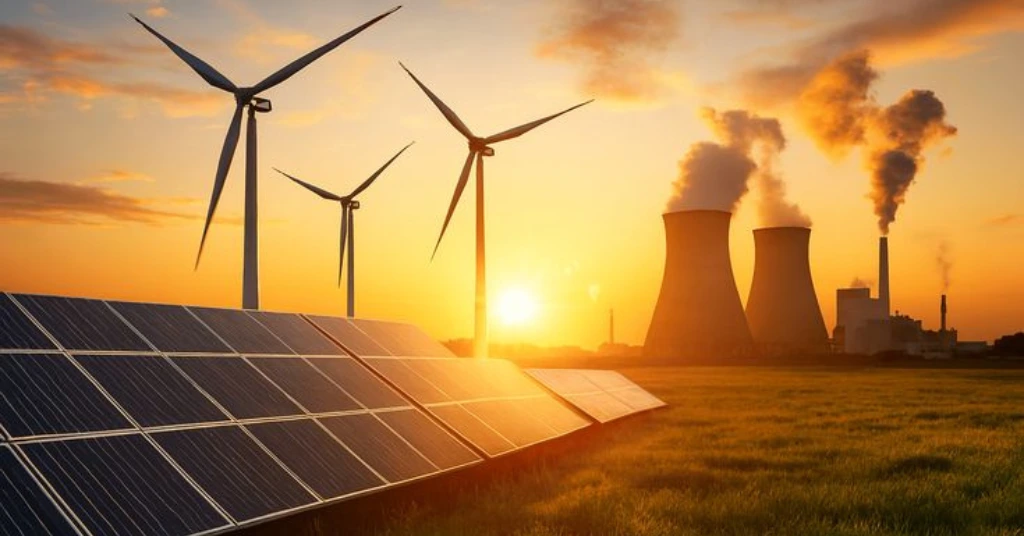 Sunset landscape featuring solar panels, wind turbines, and cooling towers, representing a diversified energy mix.