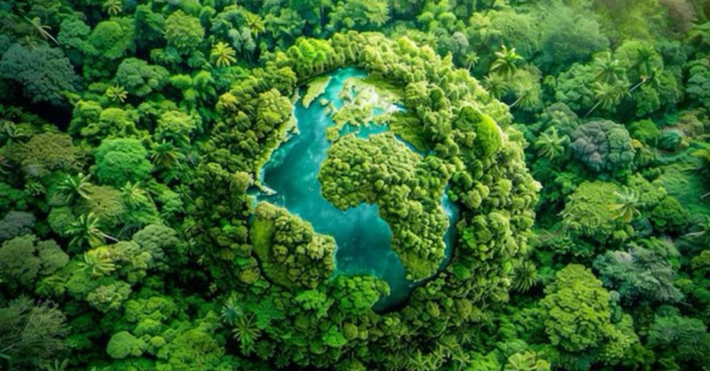 Aerial view of a lush green forest shaped like the planet Earth representing global sustainability.