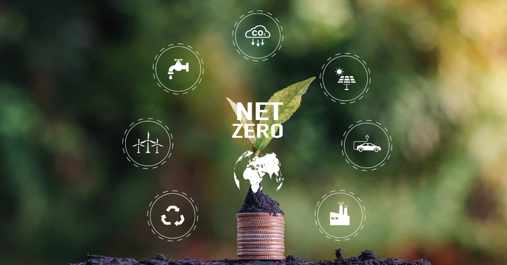 A small plant growing from a stack of coins with a globe and net zero icons representing sustainable financial investment.