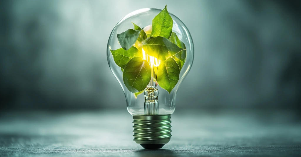 A glowing light bulb filled with fresh green leaves representing renewable energy and environmental sustainability.