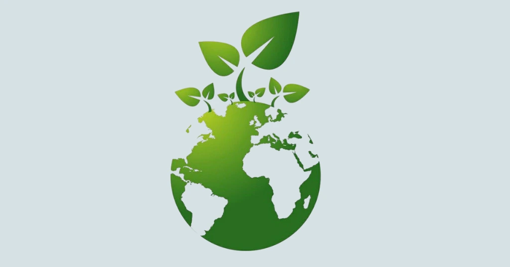 Sustainable green Earth illustration with leaves growing from a globe.