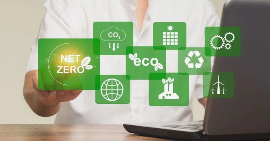 Digital interface showing Net Zero and eco-friendly sustainability icons.