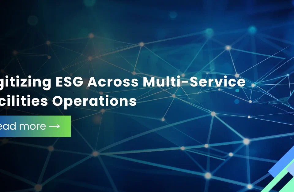 Abstract digital network background with text about digitizing ESG across multi-service facilities operations.