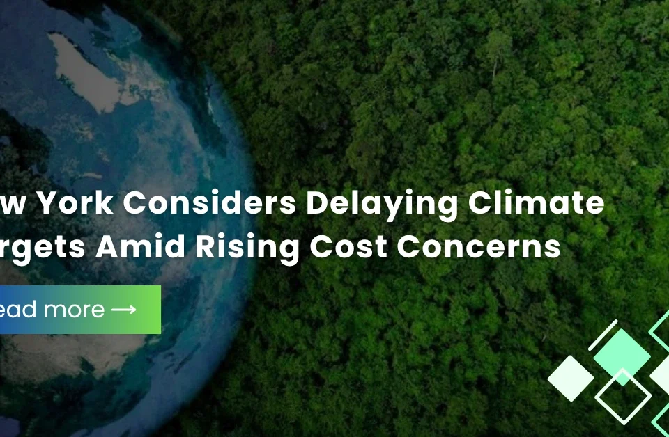 : New York climate policy news banner showing forest canopy and Earth globe overlay.