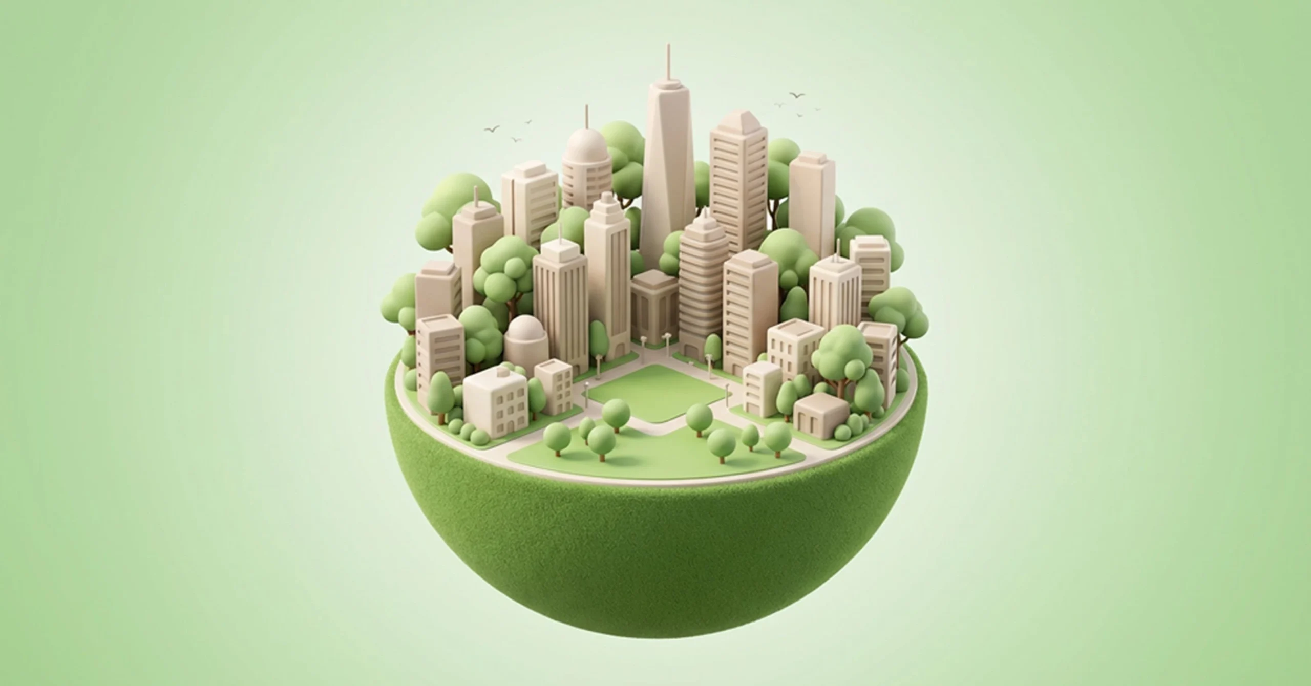 A 3D miniature model of a sustainable city with beige buildings and lush green trees set on a mossy hemisphere.