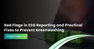 Green wooden blocks spelling out ESG on a laptop keyboard with text regarding red flags in reporting and practical fixes.