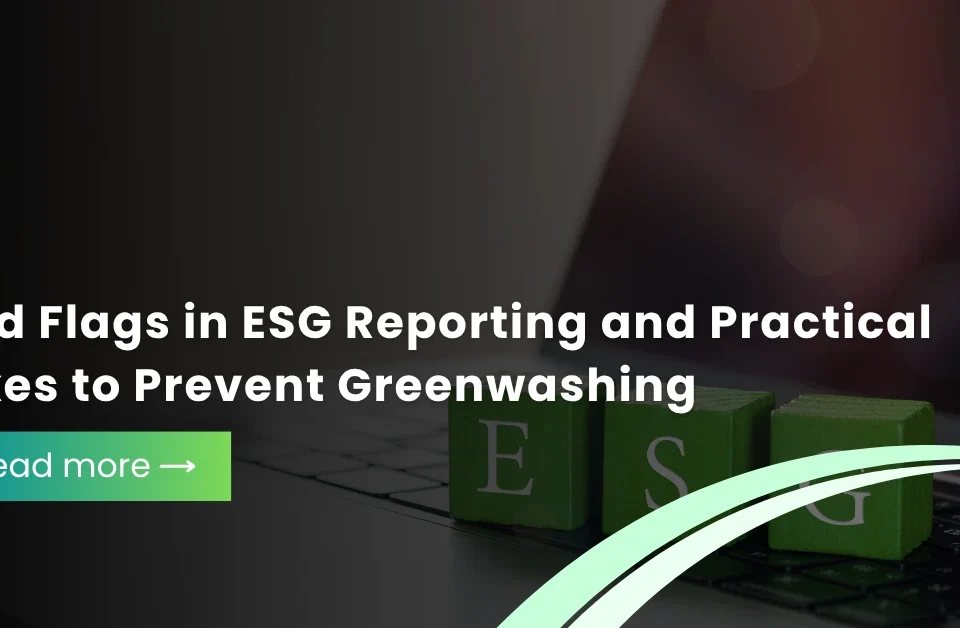 Green wooden blocks spelling out ESG on a laptop keyboard with text regarding red flags in reporting and practical fixes.