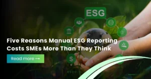 Hands holding a glass globe surrounded by ESG sustainability icons in a natural green environment.