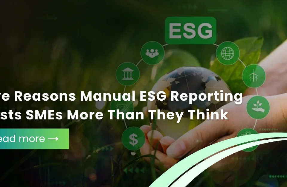 Hands holding a glass globe surrounded by ESG sustainability icons in a natural green environment.