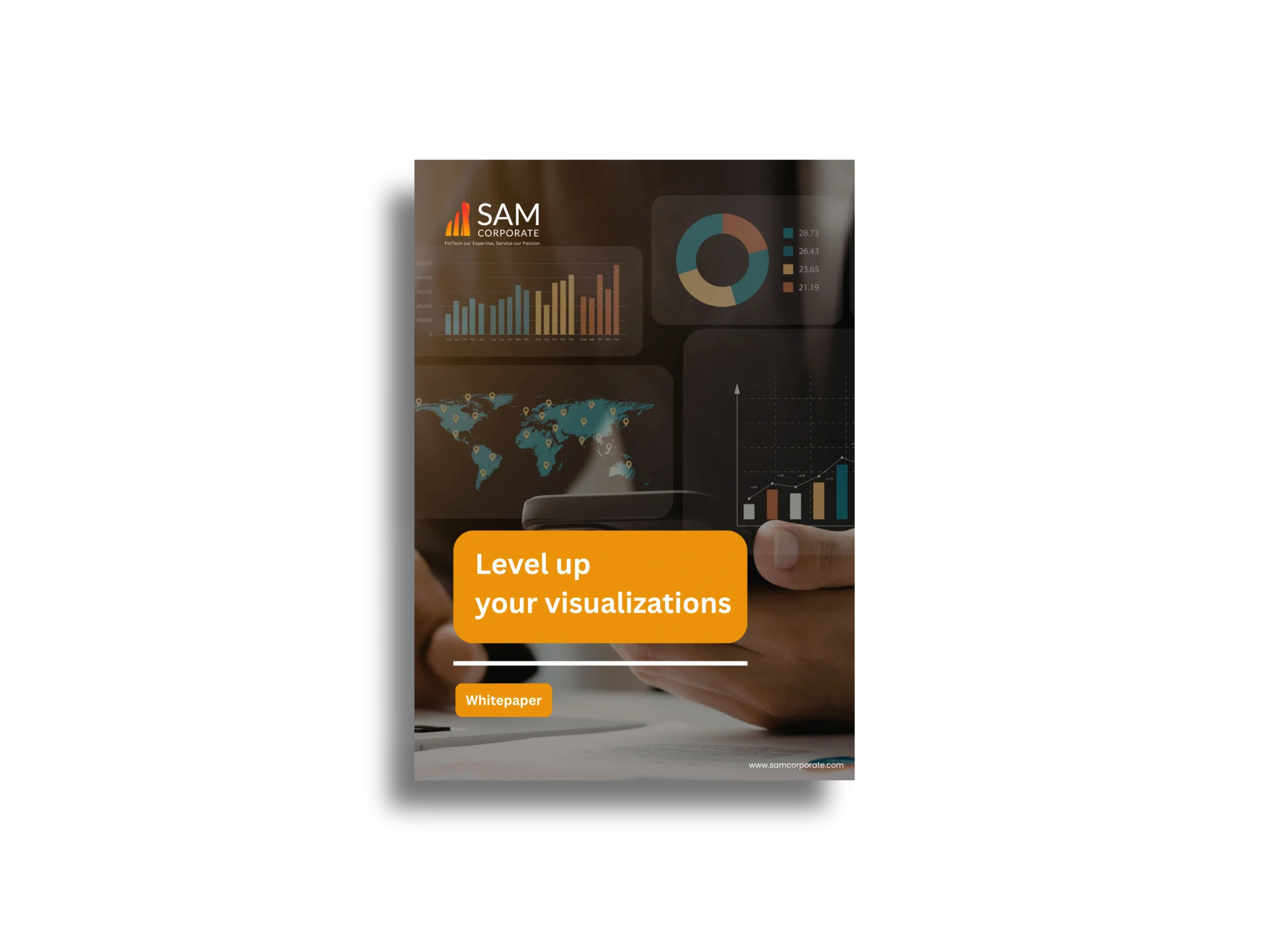 SAM Corporate whitepaper cover titled Level up your visualizations featuring financial charts and global data maps.
