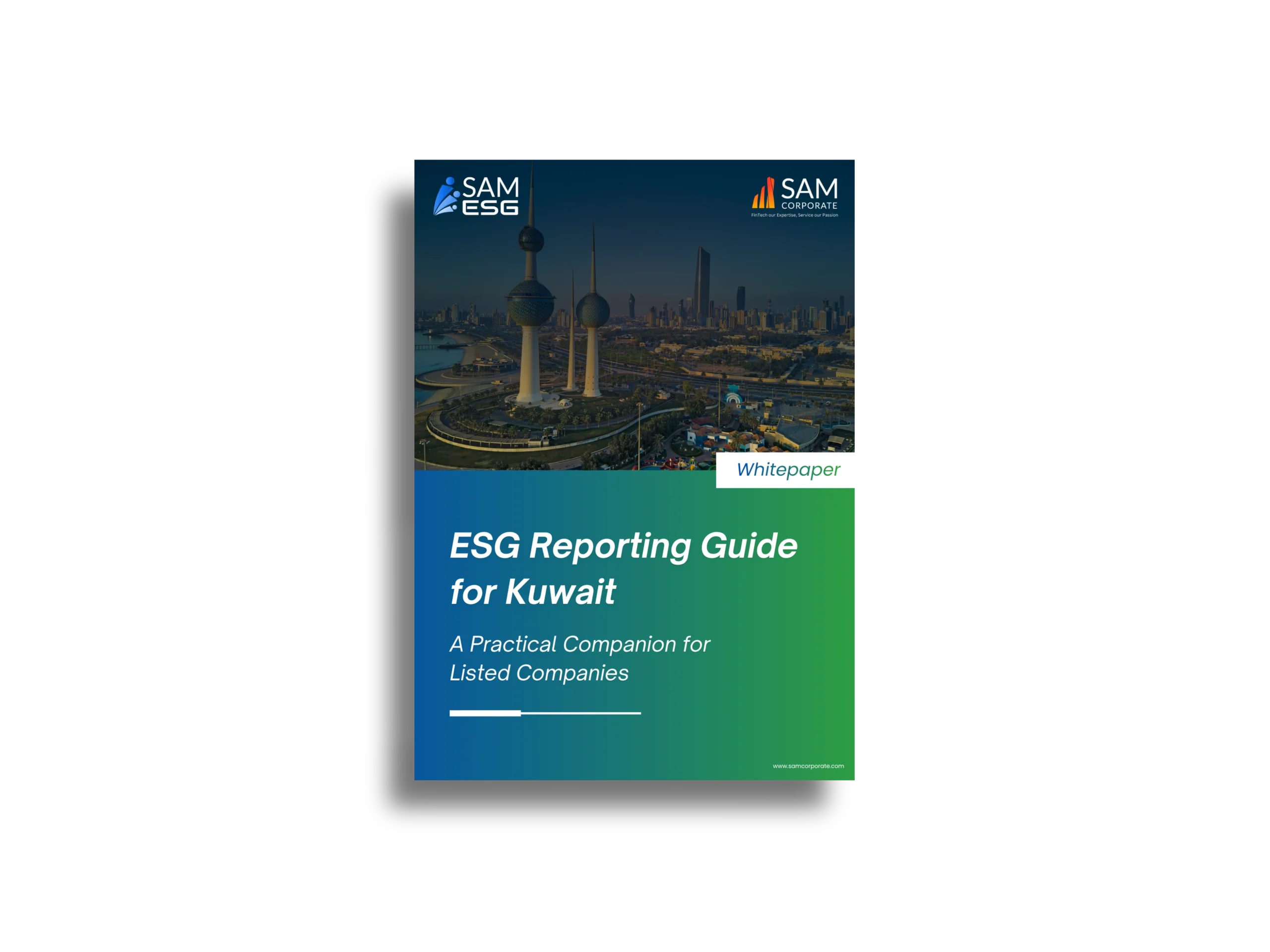 ESG Reporting Guide for Kuwait whitepaper cover by SAM ESG and SAM Corporate featuring Kuwait Towers skyline.