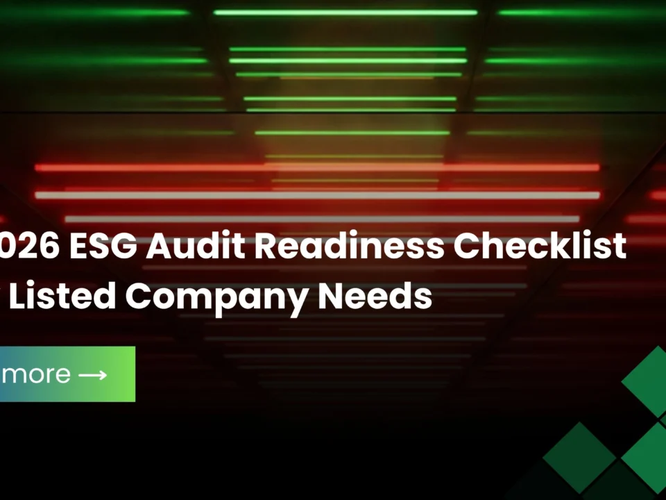 Banner with red and green neon lights featuring text about the 2026 ESG Audit Readiness Checklist for listed companies.