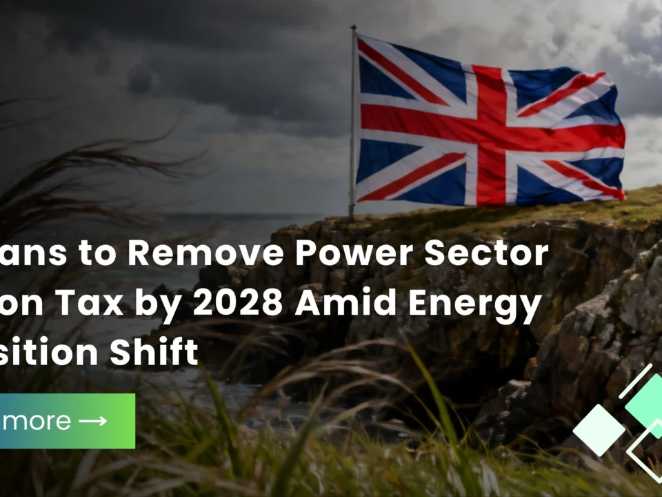 United Kingdom flag waving on a rocky coastline with text regarding UK plans to remove power sector carbon tax by 2028.