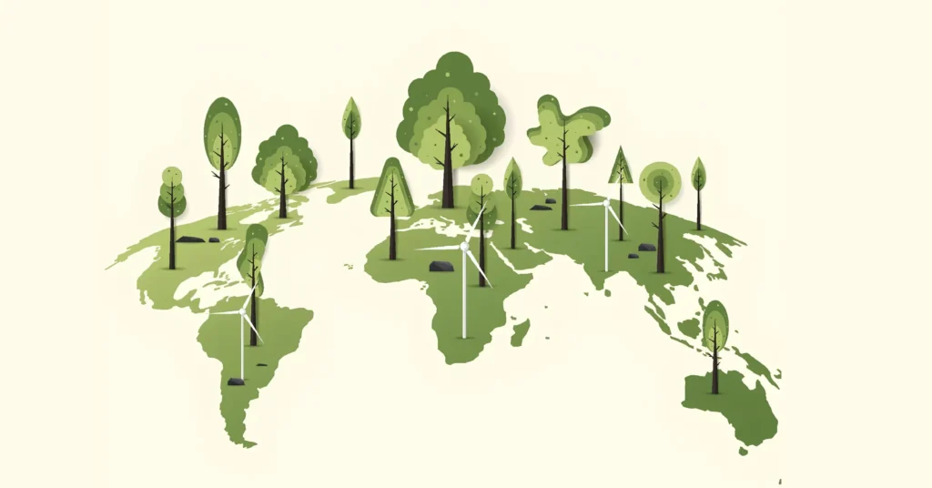 Paper-cut style world map illustration featuring green trees and white wind turbines to represent global environmental sustainability.