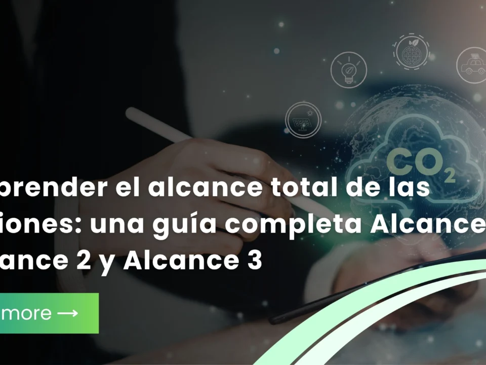Banner con texto sobre guía de emisiones Alcance 1, 2 y 3, mostrando una persona usando una tablet con iconos digitales de CO2 y energía.