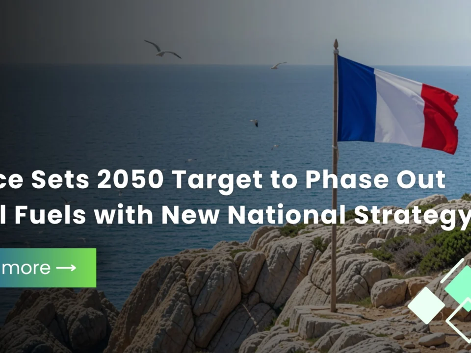 French flag waving on a rocky cliff overlooking the ocean with text about France's 2050 target to phase out fossil fuels.